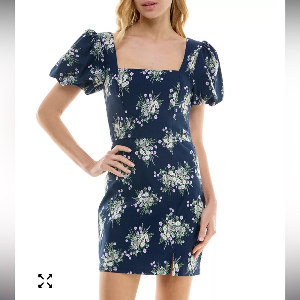 NEW! Trixxi Bodycon Navy Floral Puff-Sleeve Dress NWOT